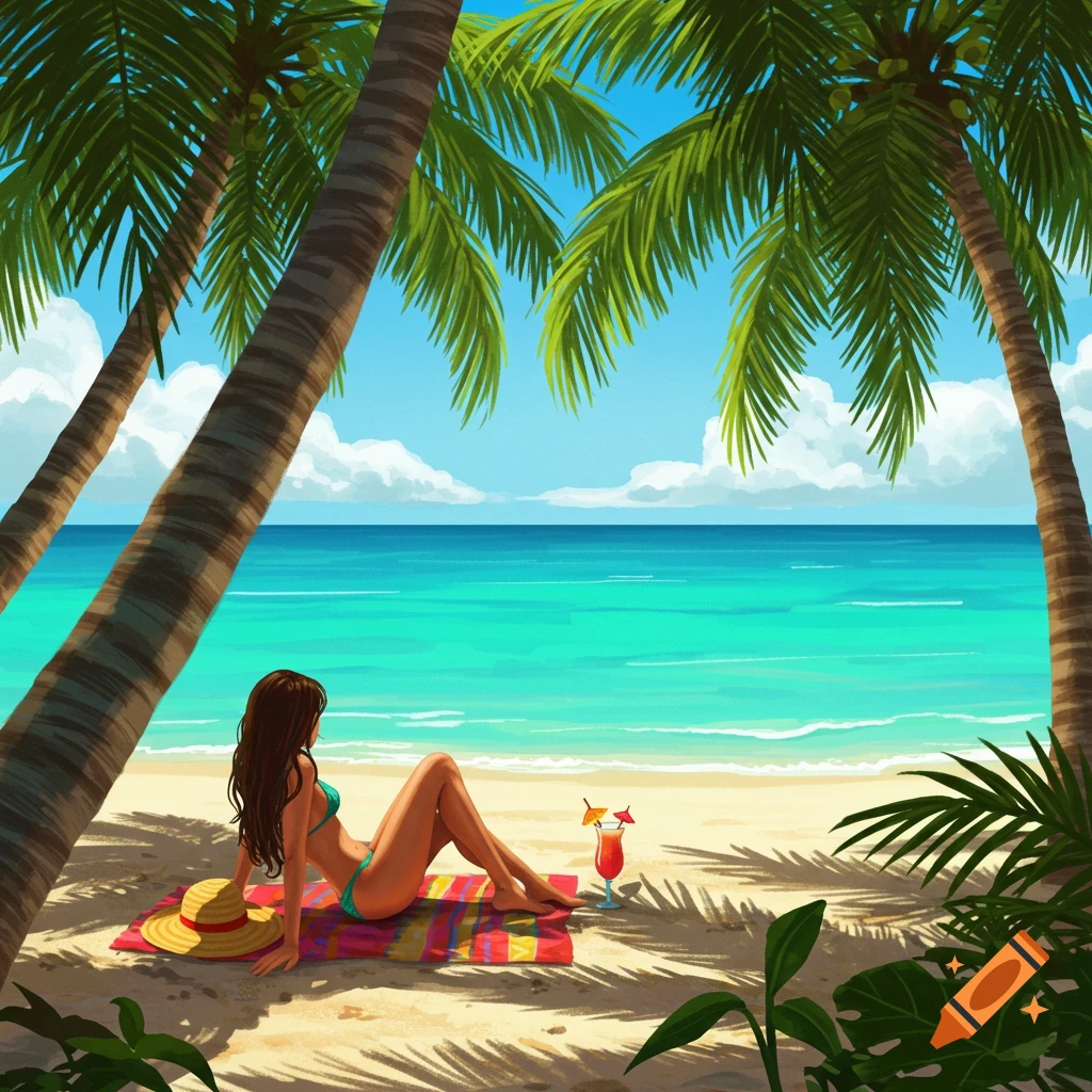A woman relaxing on a tropical beach under palm trees