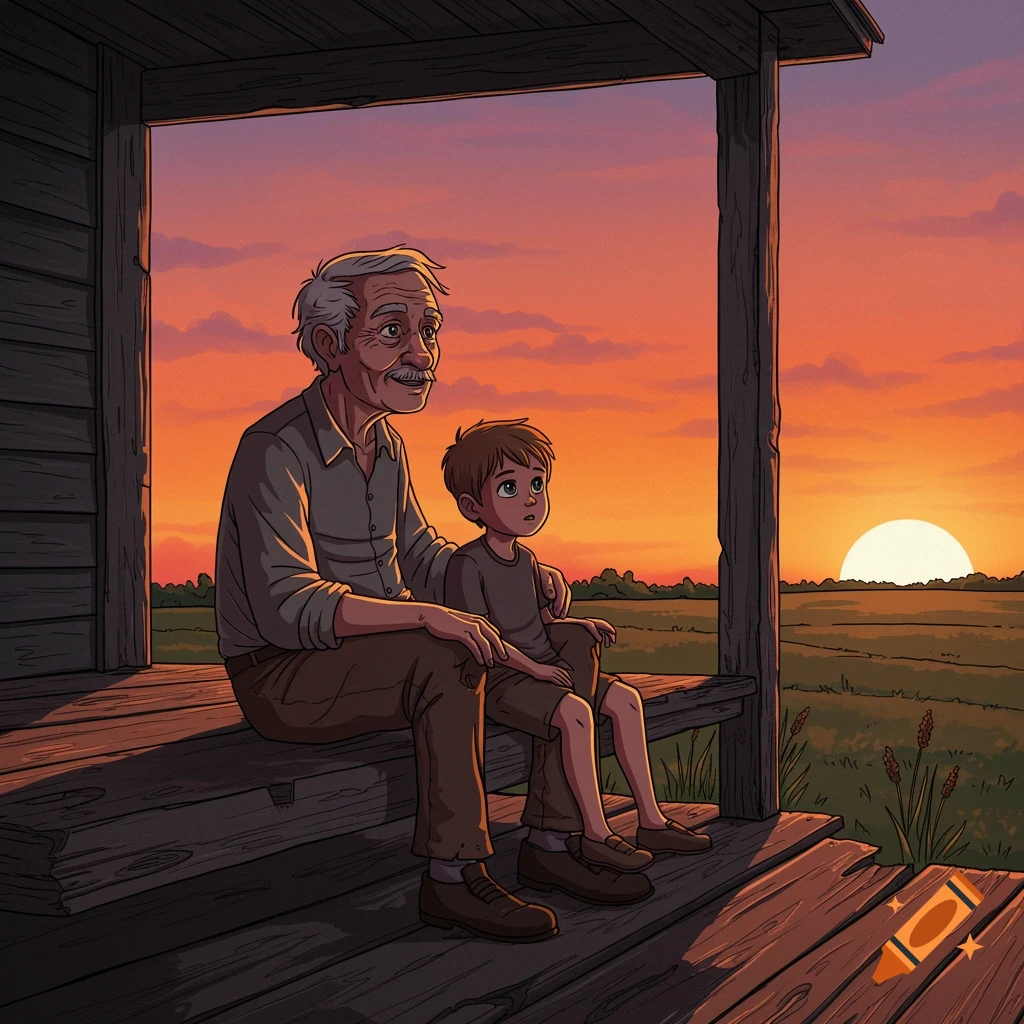 A grandfather and grandson sit on a porch watching a sunset.