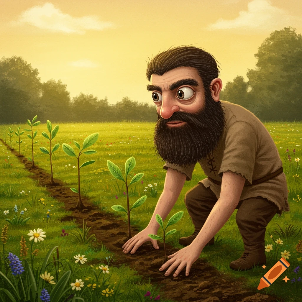 A cartoon-style bearded man is shown planting saplings in a sunny field.