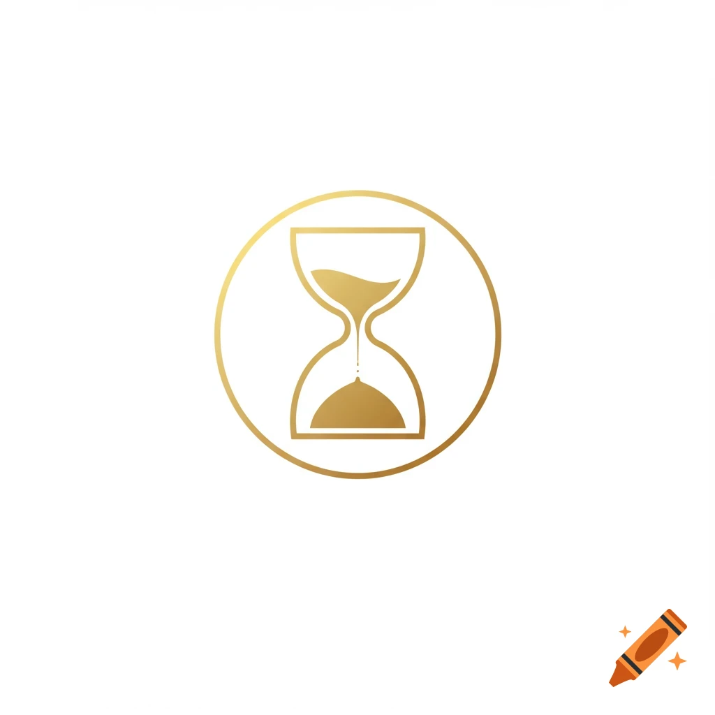 A golden line art hourglass logo inside a circle