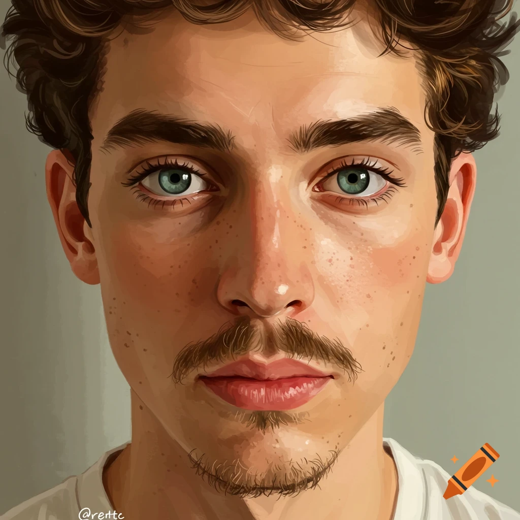 Close-up of a young man with curly hair, green eyes, freckles, and a mustache.