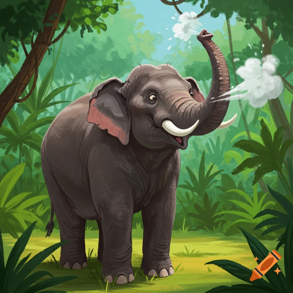 A cartoon elephant spraying water from its trunk in a jungle.