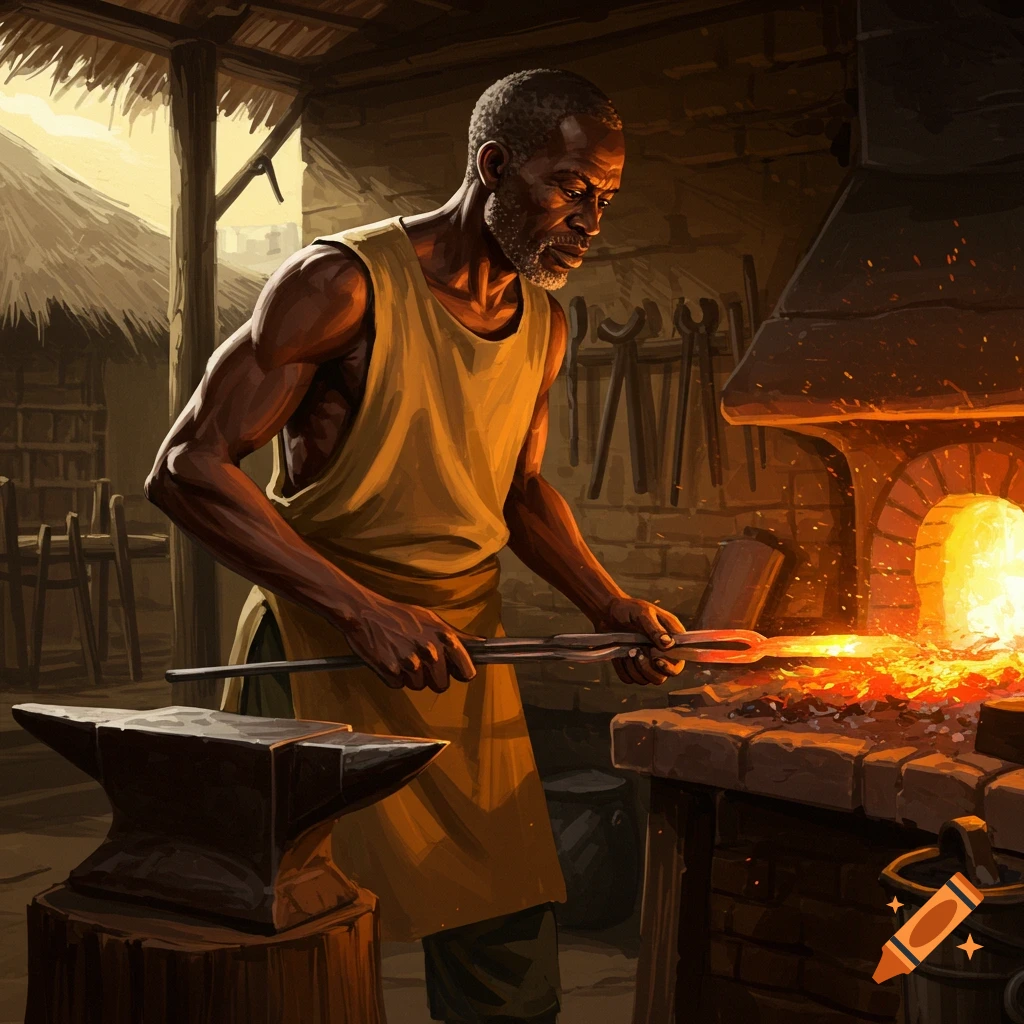 An African blacksmith working in a forge