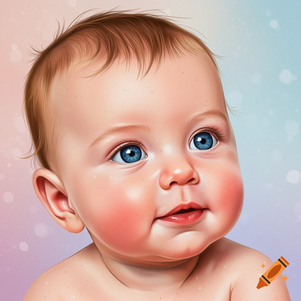 A baby with blue eyes and rosy cheeks is set against a pink and blue gradient background.