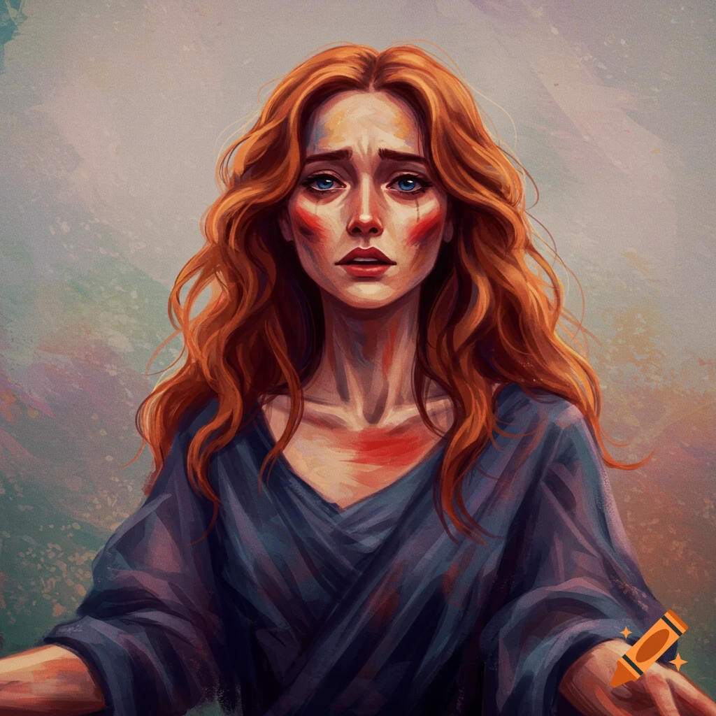 A distressed woman with red hair