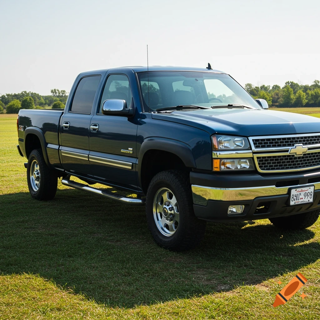 A dark blue pickup truck is parked in a grassy field under a clear sky.