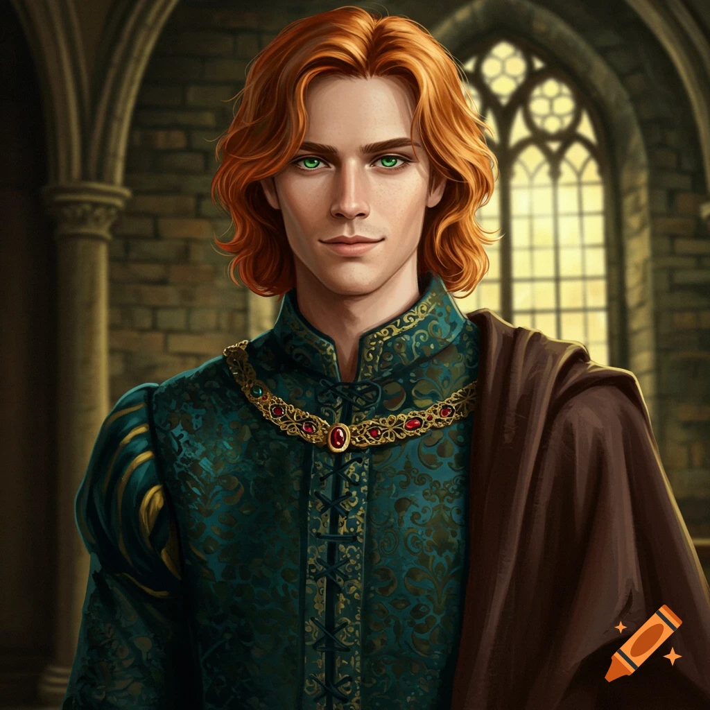 A red-haired young man in ornate teal and gold fantasy clothing stands in a castle.