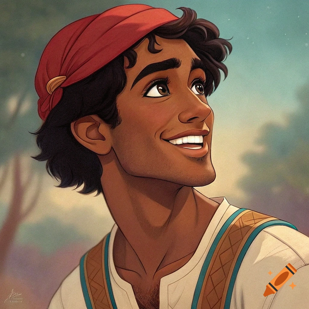 Cartoon portrait of a young man with dark skin and red headwrap, smiling and looking up.