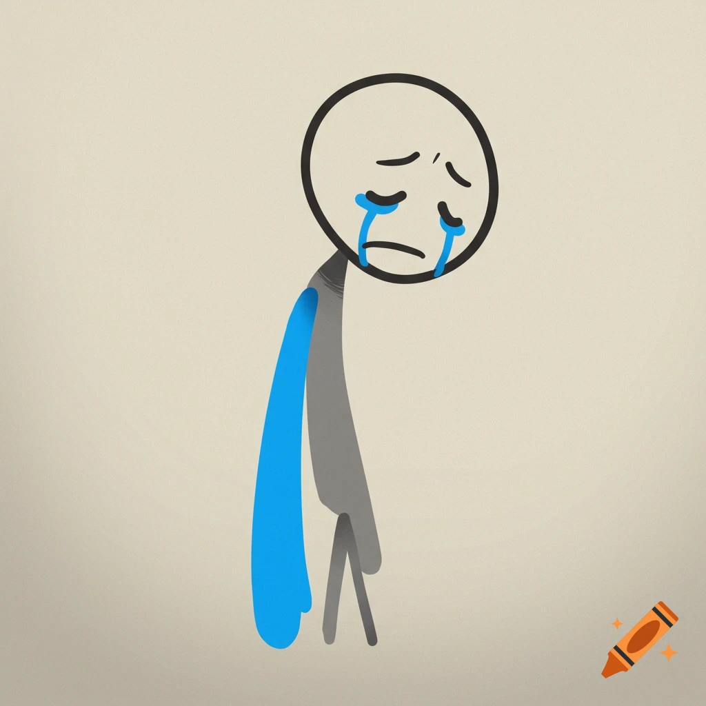 A simple digital illustration of a sad stick figure with a large blue arm hanging down.