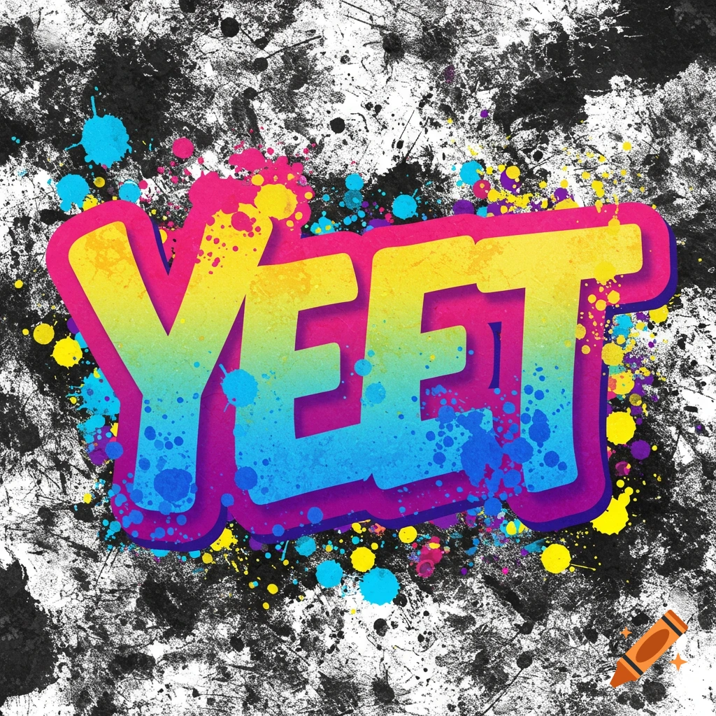 Stylized text 'YEET' with colorful paint splatters on a grunge background.