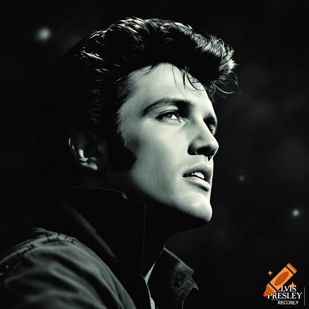 Black and white portrait of Elvis Presley looking up, styled like a classic record advertisement poster.