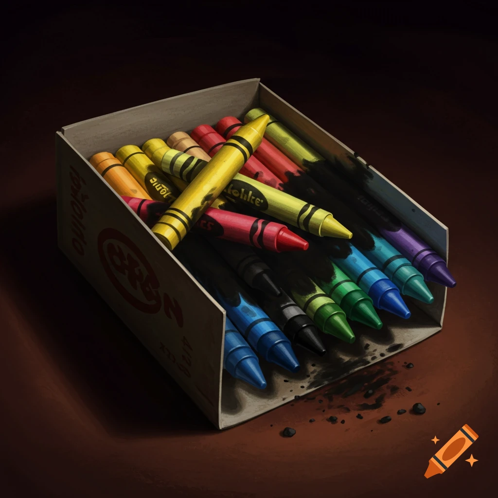 A box of colorful crayons with black smudges on a dark background.
