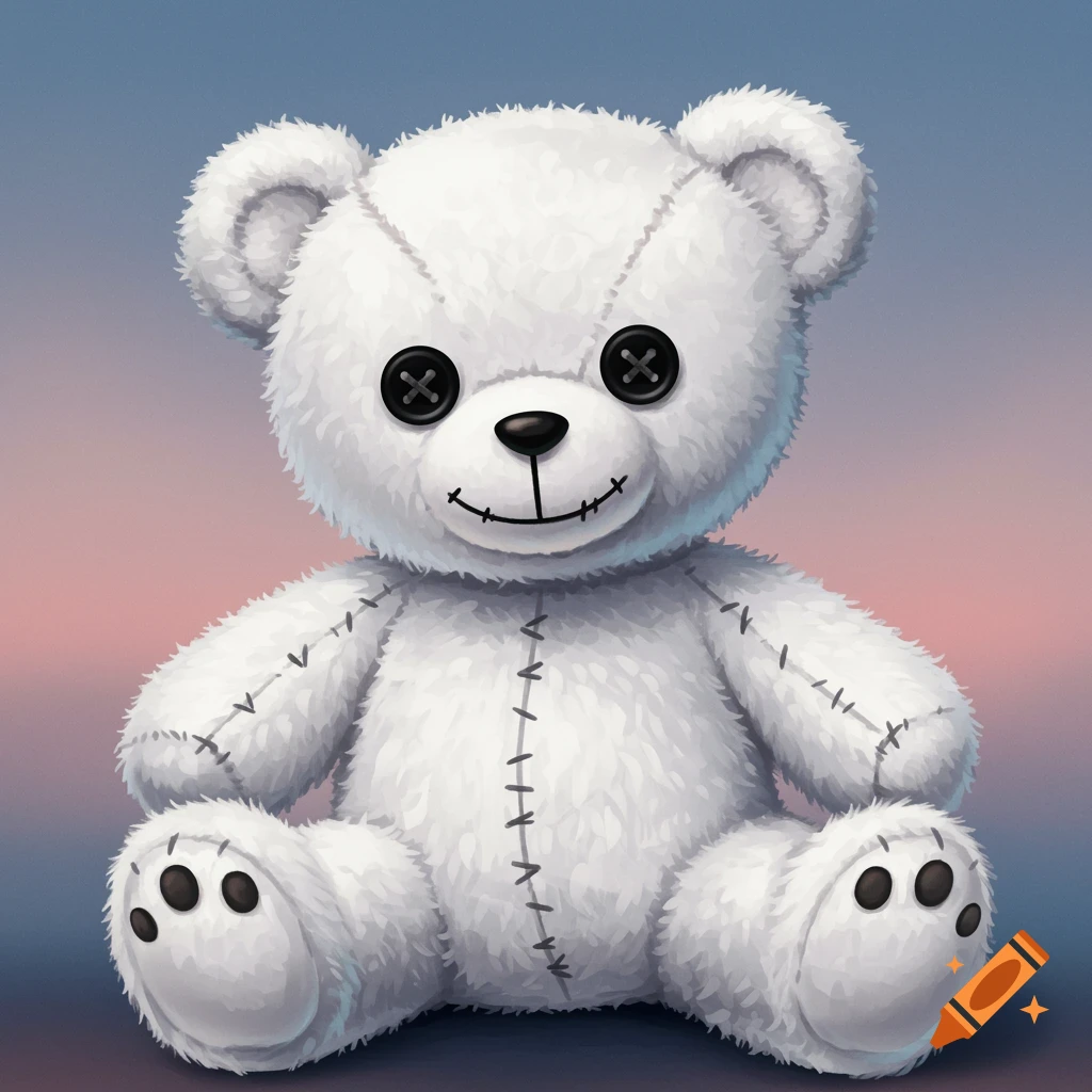 A white stuffed teddy bear with button eyes and stitched seams.
