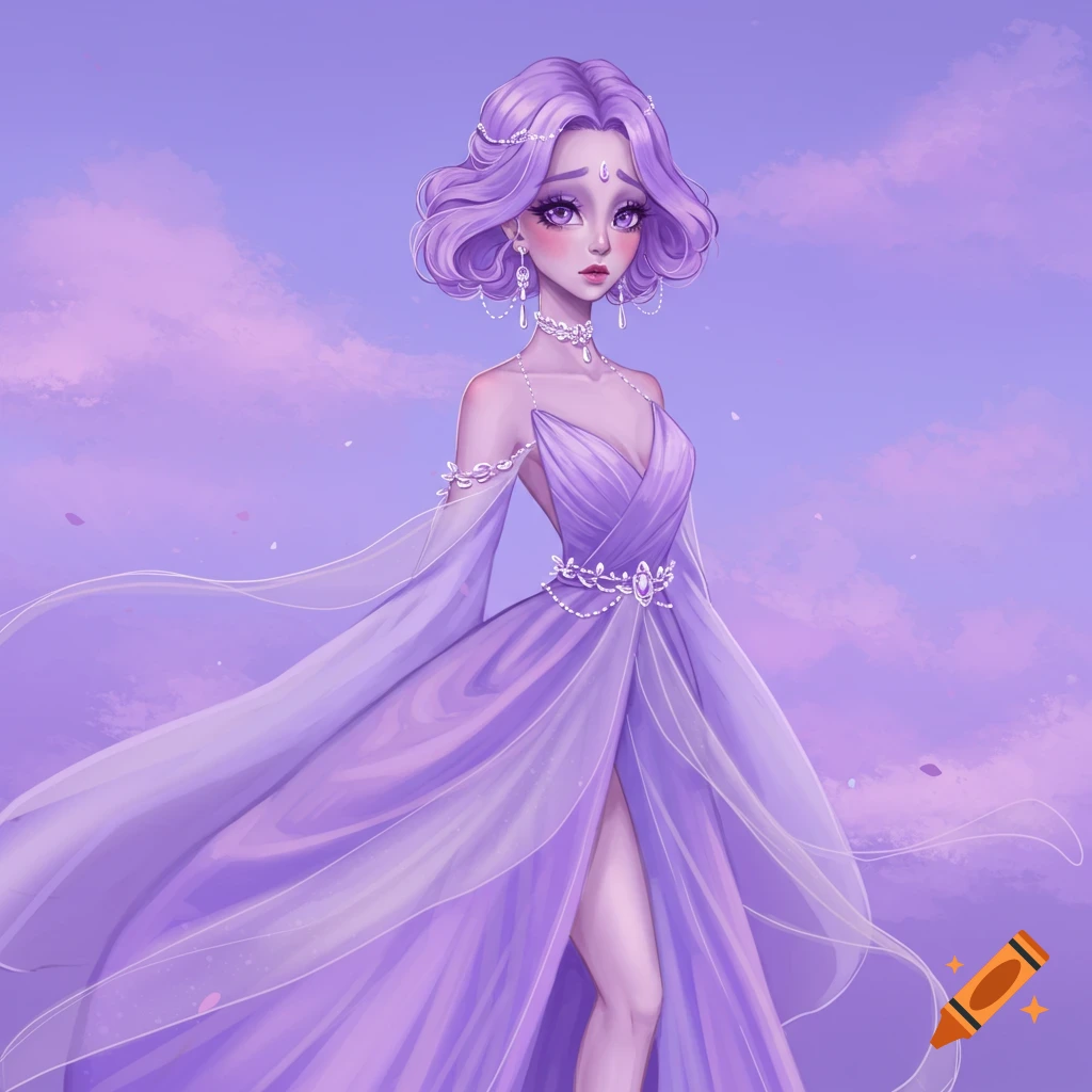 Woman with purple hair in a flowing lilac dress against a purple sky.