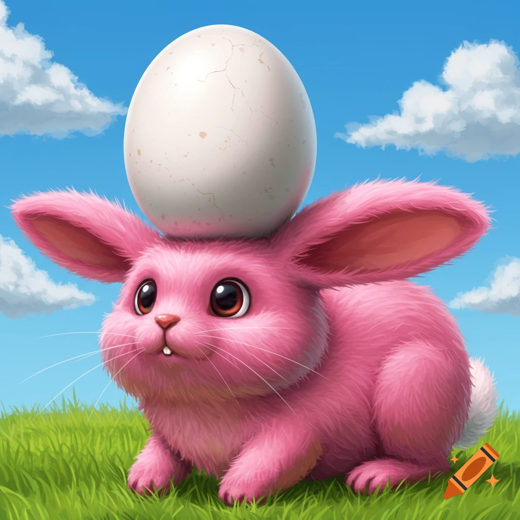 A fluffy pink bunny balancing an egg on its head