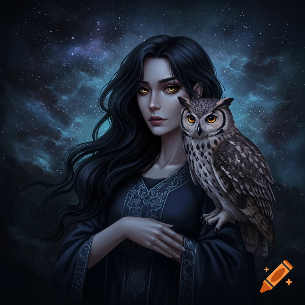 A dark-haired woman with yellow eyes holds an owl on her shoulder, against a starry night sky.