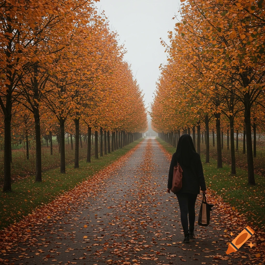 A person walks down a path lined with orange autumn trees.