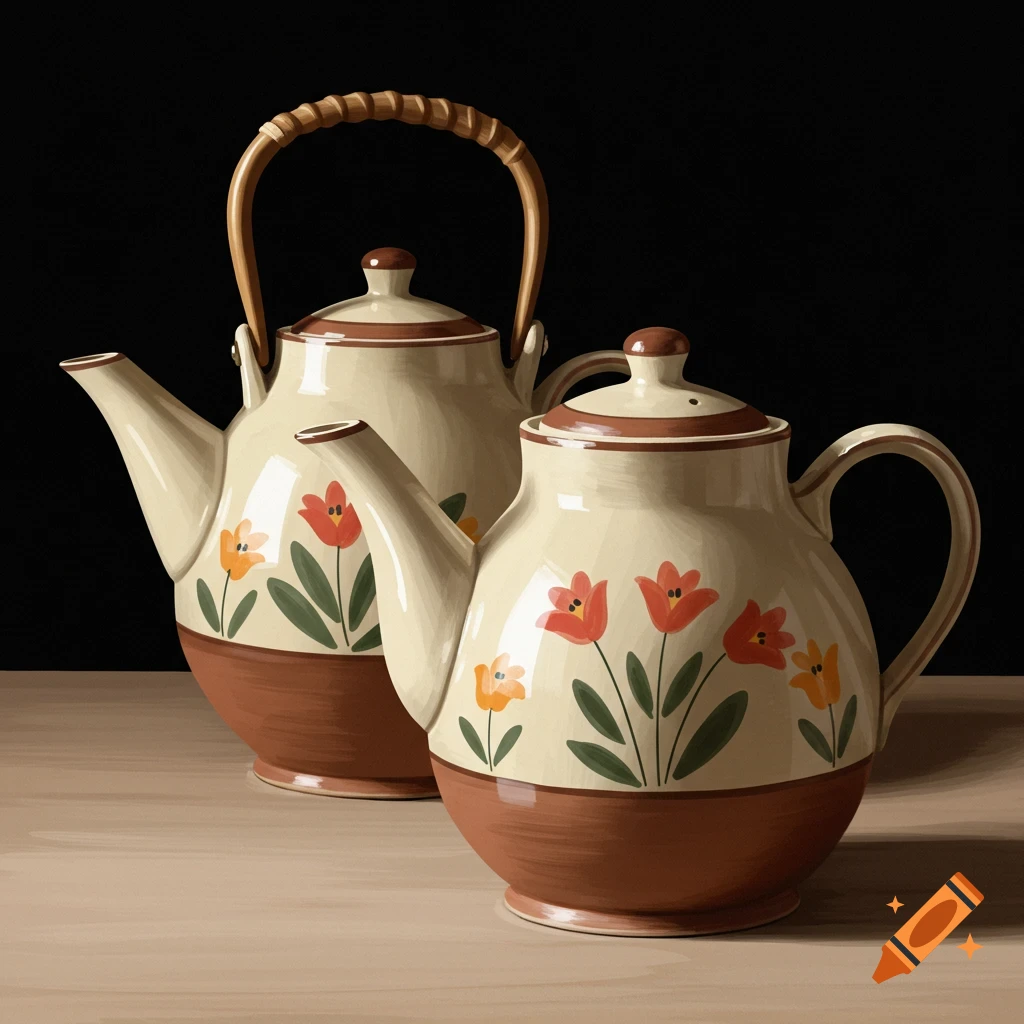 Two ceramic teapots with floral patterns are set against a dark background.
