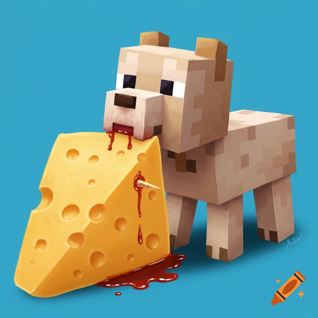 A blocky Minecraft dog with blood dripping from its mouth onto a piece of cheese.