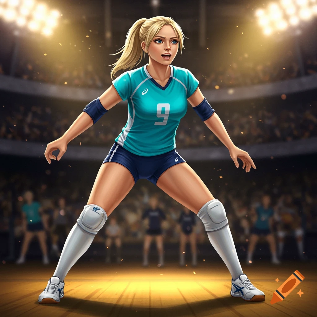 A female volleyball player in a blue and white uniform with the number 9, on a court during a game.