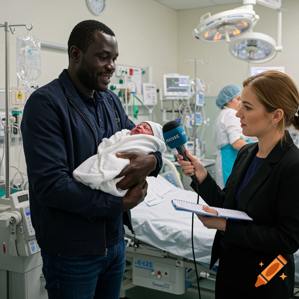 A man holds a newborn baby while being interviewed by a female journalist in a hospital room. Photorealistic.