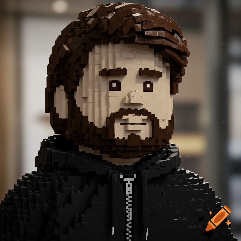 A Lego sculpture of a white man with dark facial hair wearing a black hoodie.