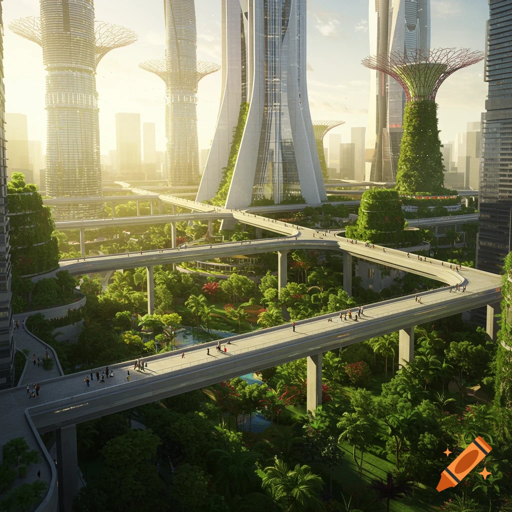 A futuristic city with green skyscrapers, elevated walkways, and lush parks below.