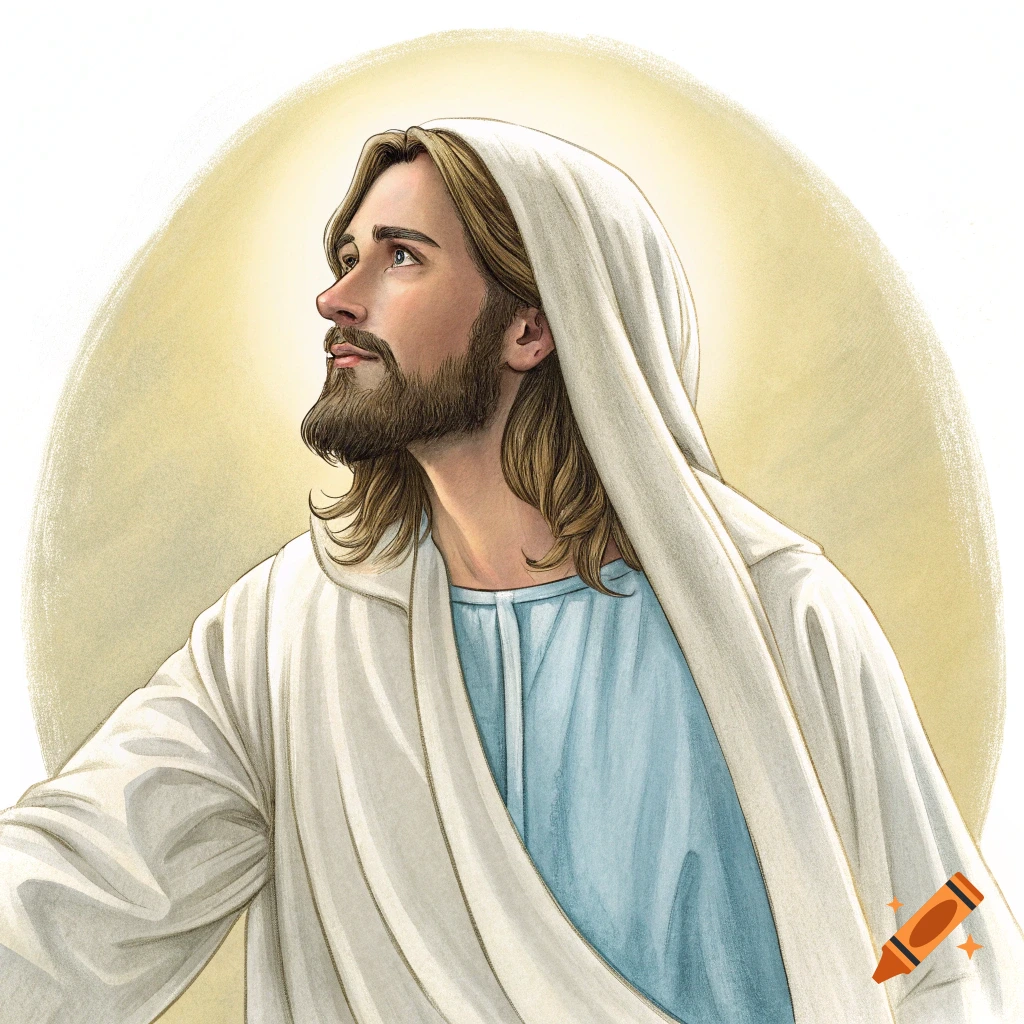 Illustration of Jesus looking up towards a halo of light.