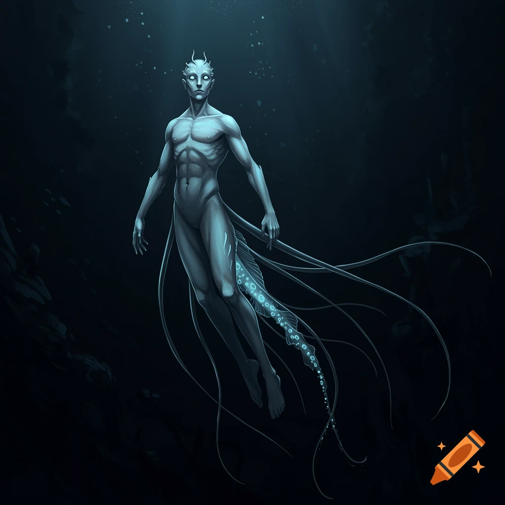 A pale, alien-like creature with tentacles floats in a dark abyss.