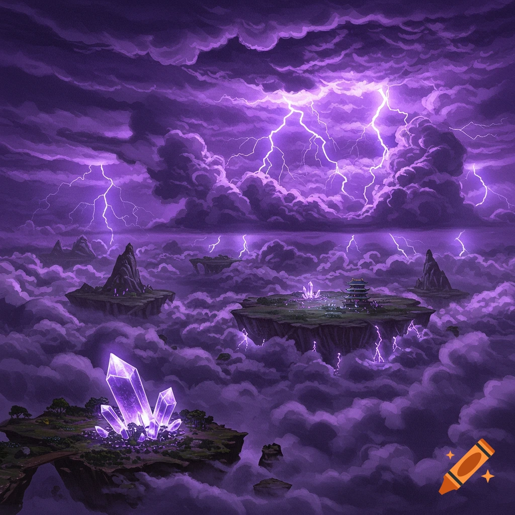 A fantasy landscape with purple storm clouds, lightning, floating islands, large crystals, and a pagoda.