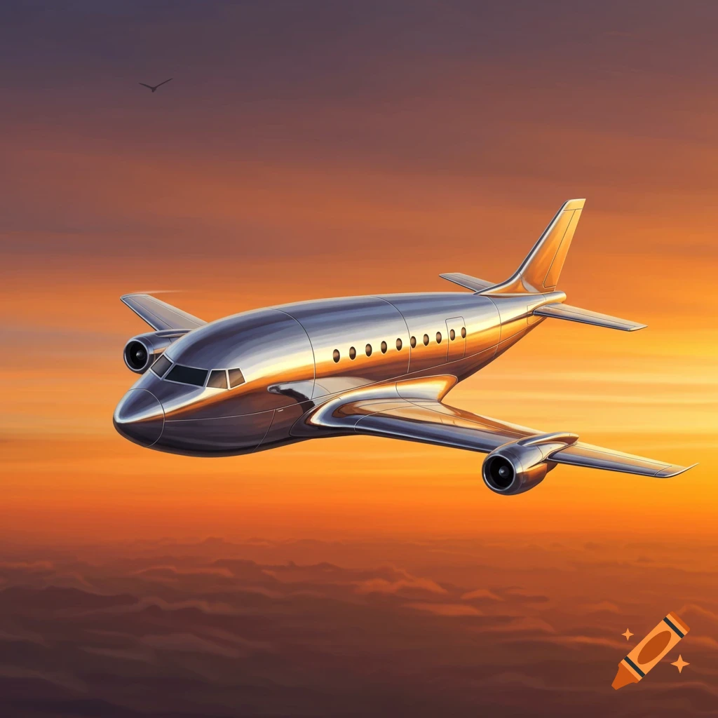A shiny chrome plane flies over clouds at sunset.