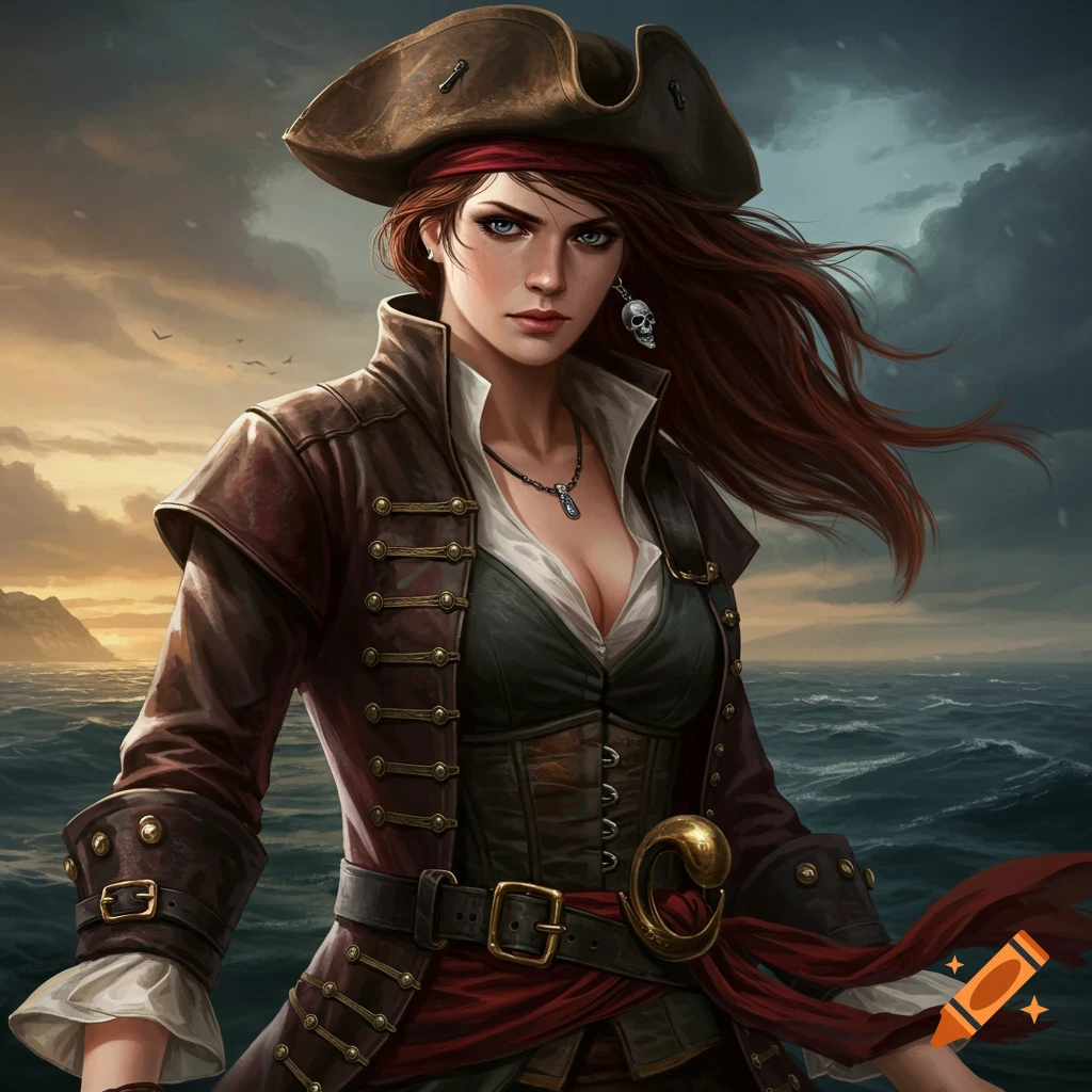A woman in a pirate outfit stands by the sea.