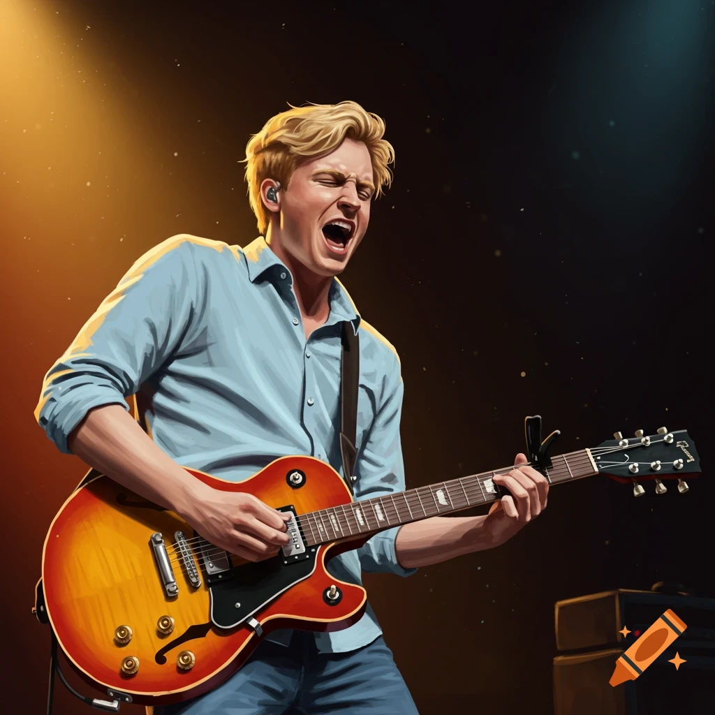 A man plays an electric guitar on stage with dramatic lighting.