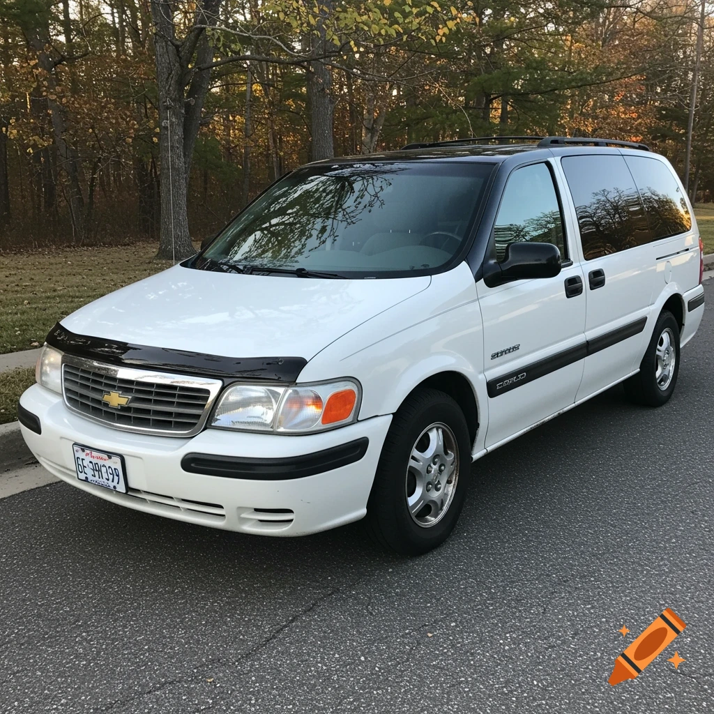 A white and black Chevrolet Venture minivan parked on a street.