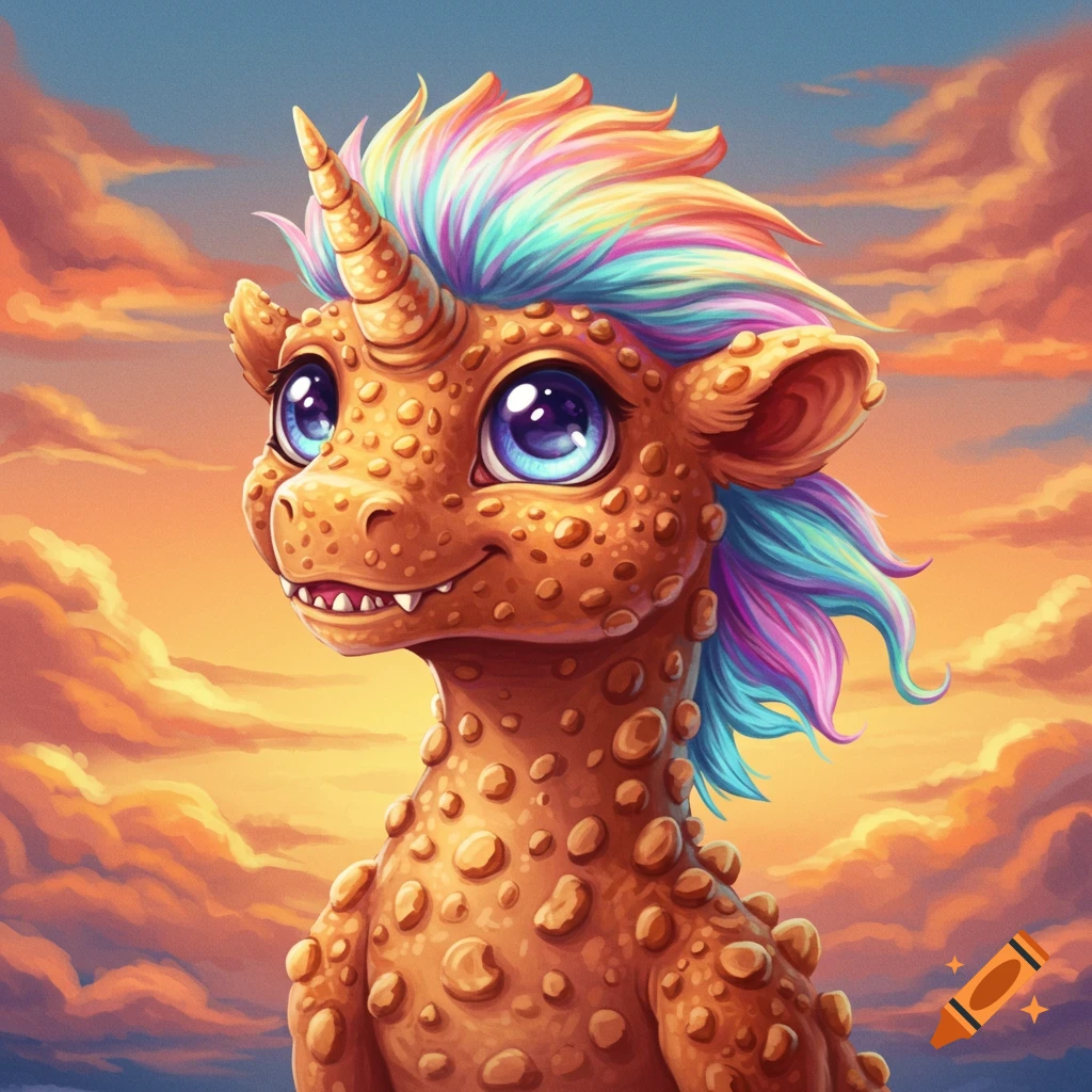 A cute bumpy orange creature with a unicorn horn and rainbow mane against a sunset sky.