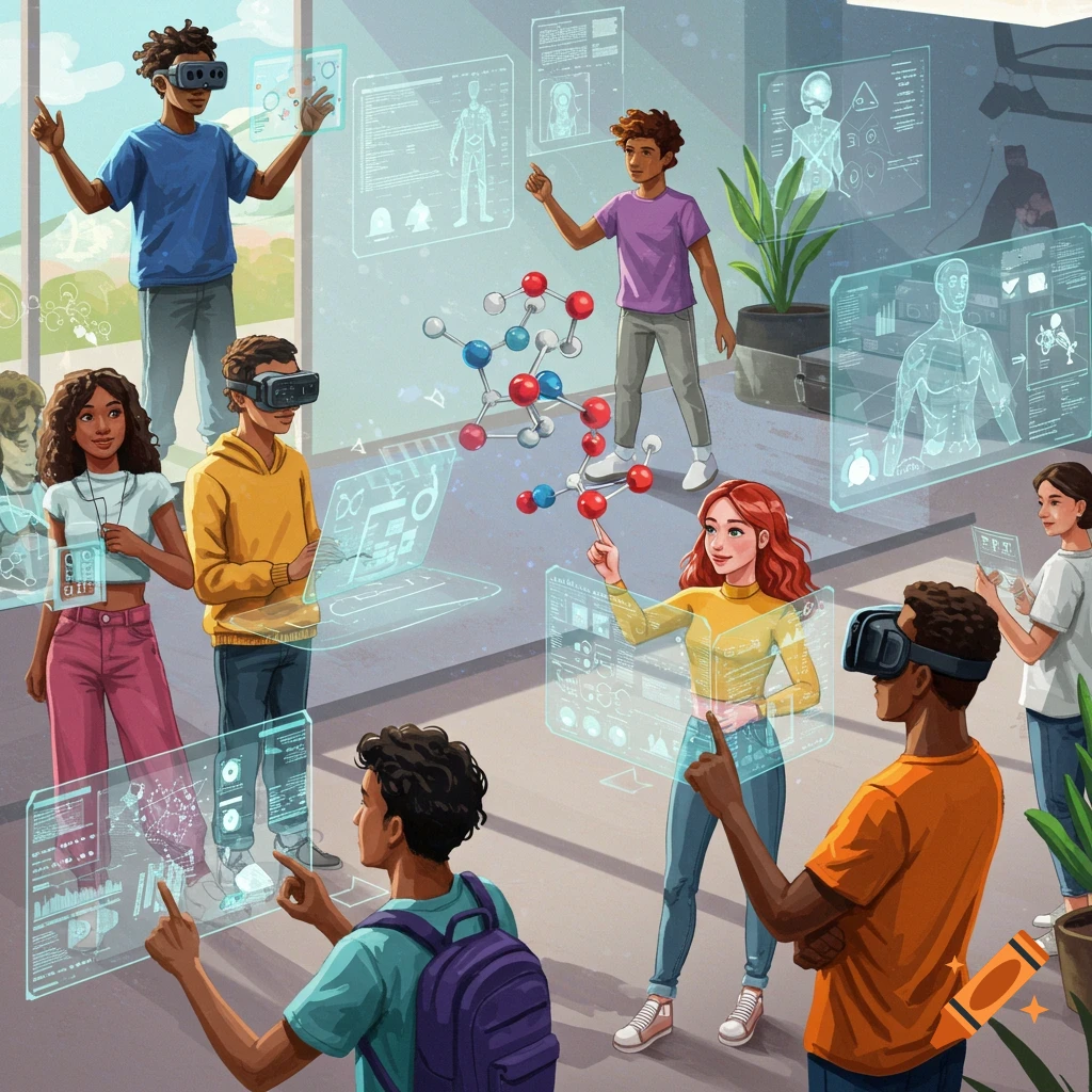 Students using VR headsets and holographic screens to learn about science and technology in a futuristic classroom.