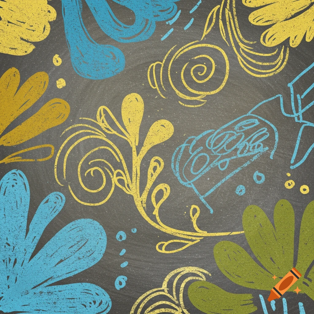 Chalkboard pattern with blue, yellow, and green doodles of flowers and swirls.