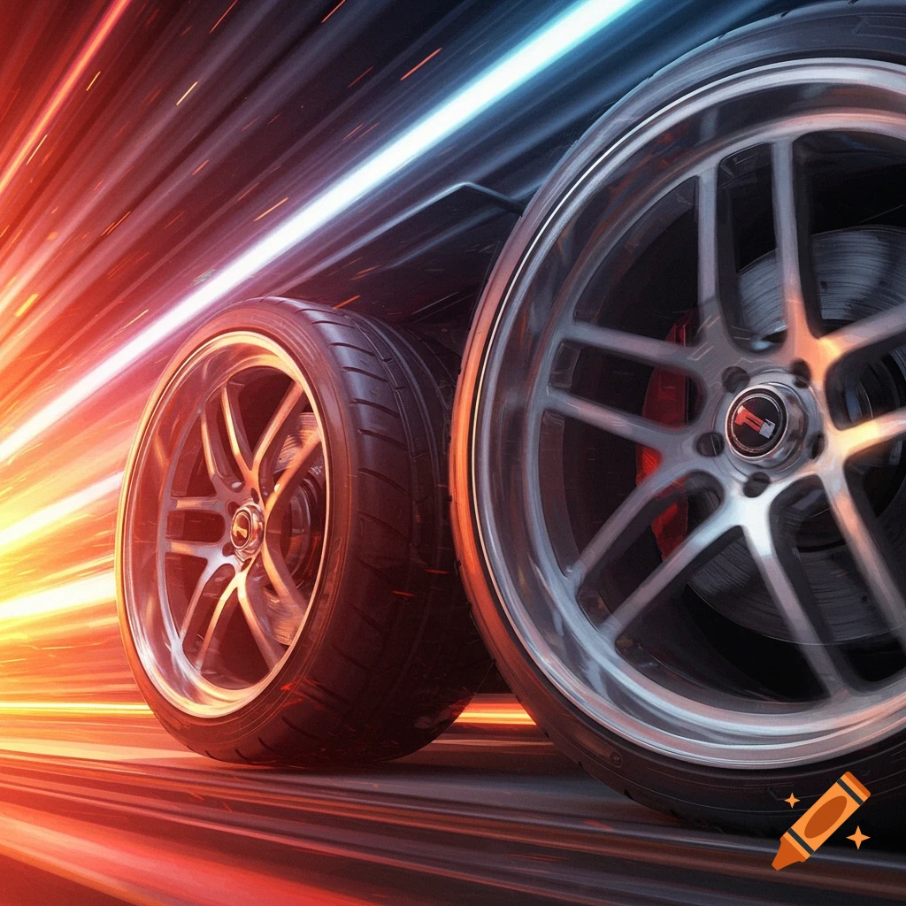 Close-up of two car wheels blurred by speed against streaking red and blue lights.