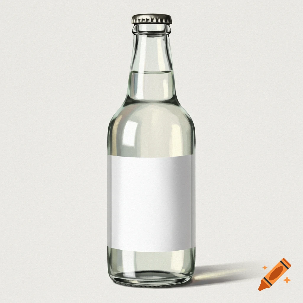 A clear glass bottle with a blank white label and metal cap.