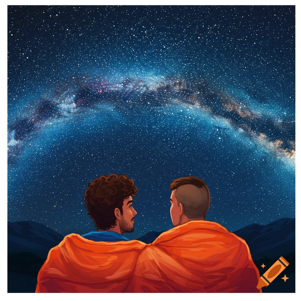 Two people in a blanket looking at the starry sky and Milky Way over mountains.