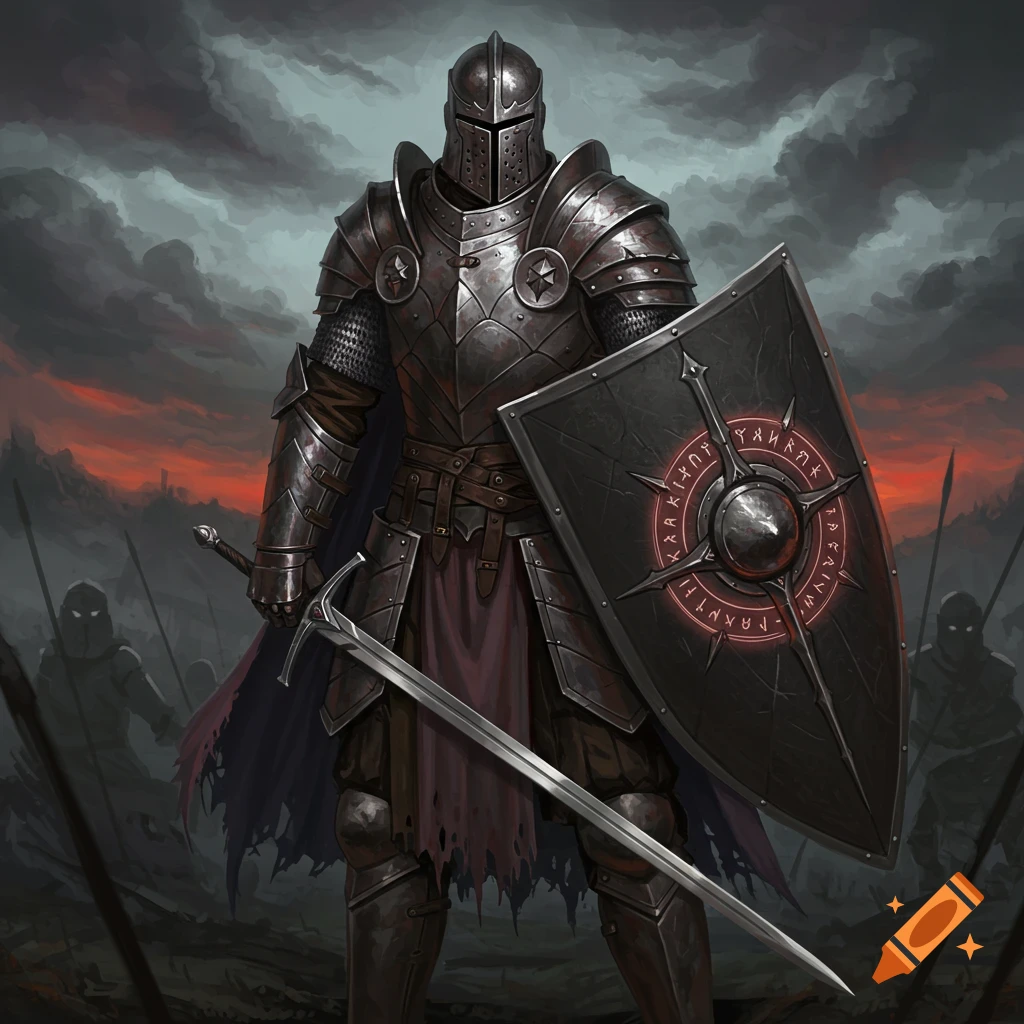 A fully armored knight holds a sword and shield, standing in a dark, stormy fantasy landscape.