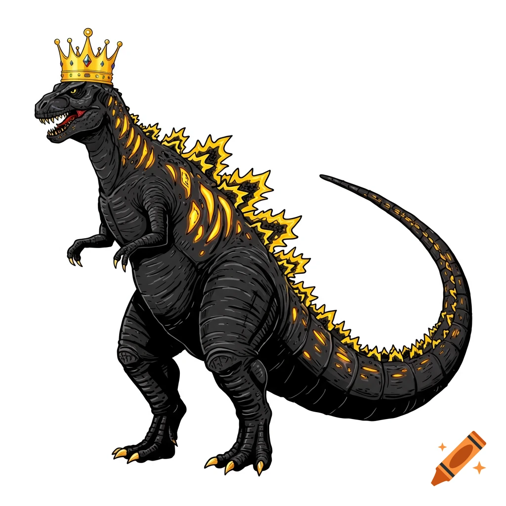 An illustration of a black dinosaur with yellow spikes wearing a gold crown.