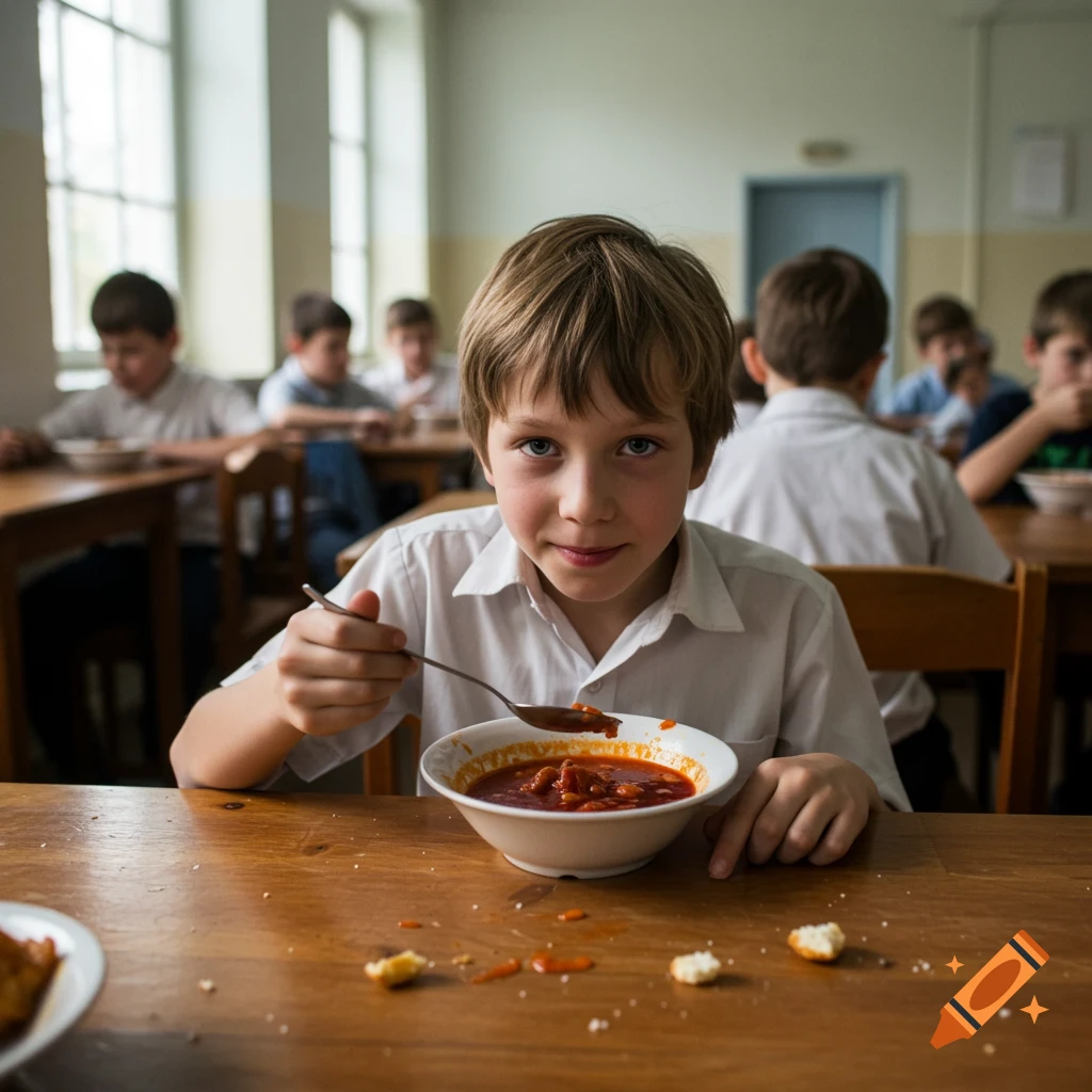 Young boy eats soup in a dining hall, photojournalism style.