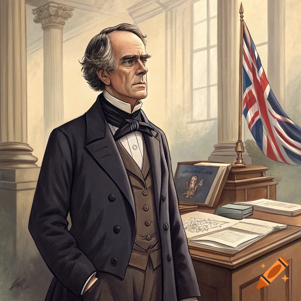 Portrait of a serious man in 19th-century formal wear standing in a room with columns, a desk, and a British flag.