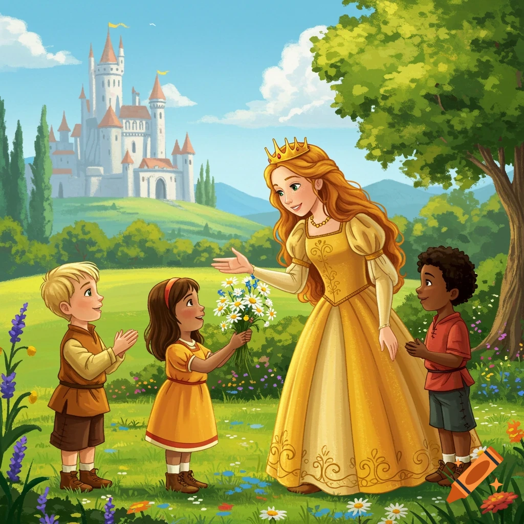A princess in a golden gown accepts flowers from children in a fairytale garden with a castle.