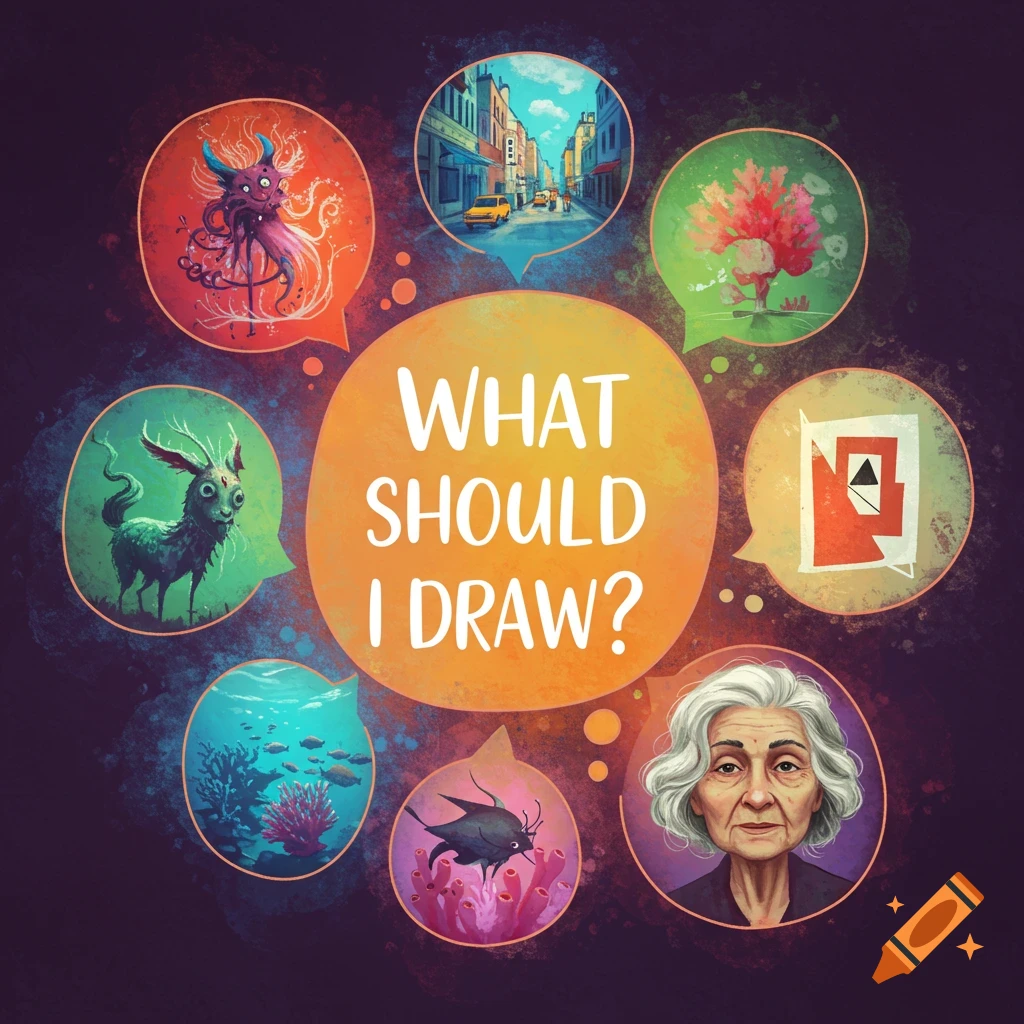 Illustrative collage of drawing ideas surrounding text 'WHAT SHOULD I DRAW?': monster, street, coral, abstract, old woman, fish, underwater.