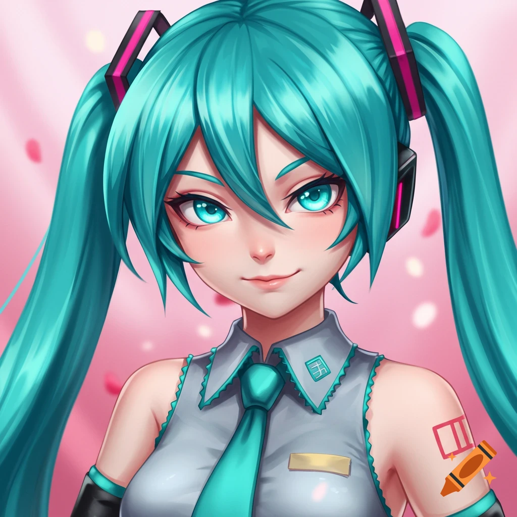 Smiling anime character with long teal pigtails and headphones, wearing grey shirt and teal tie.