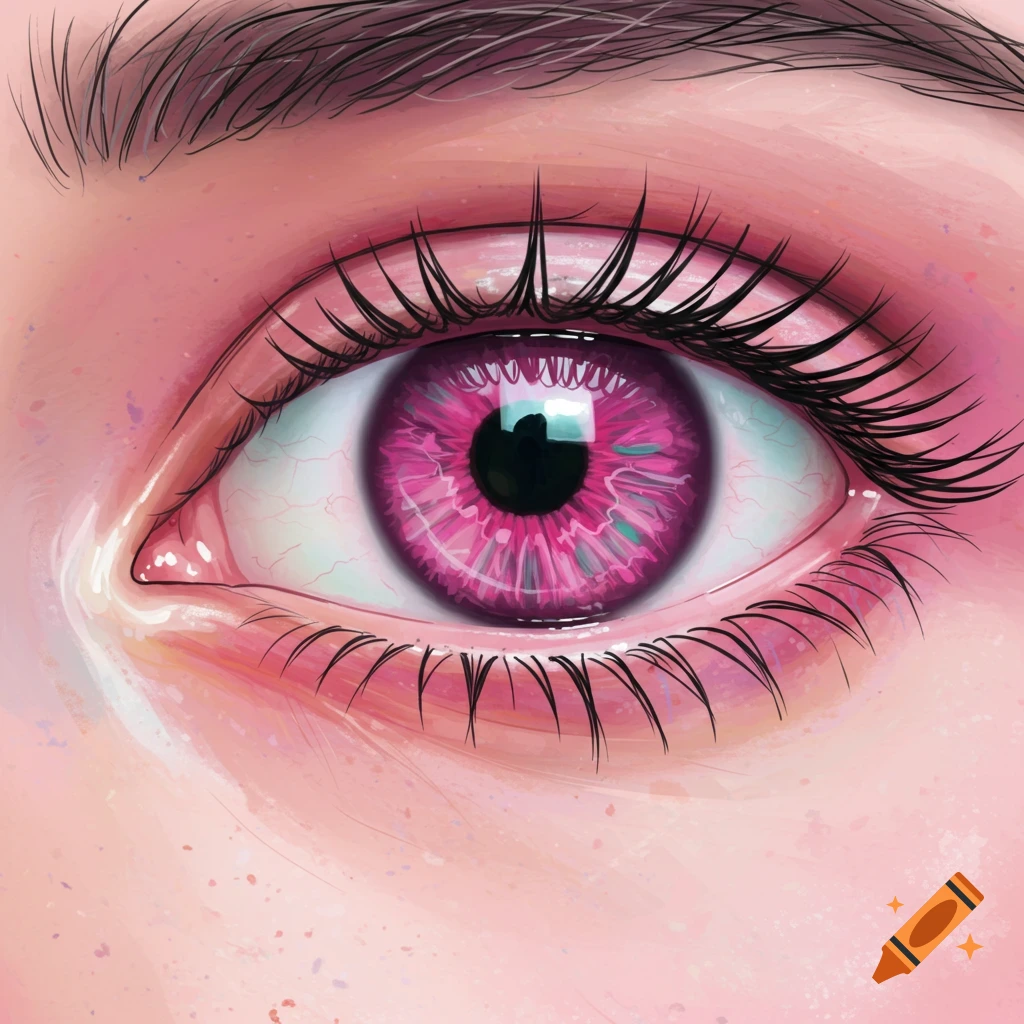 A close-up pink eye with teal accents.