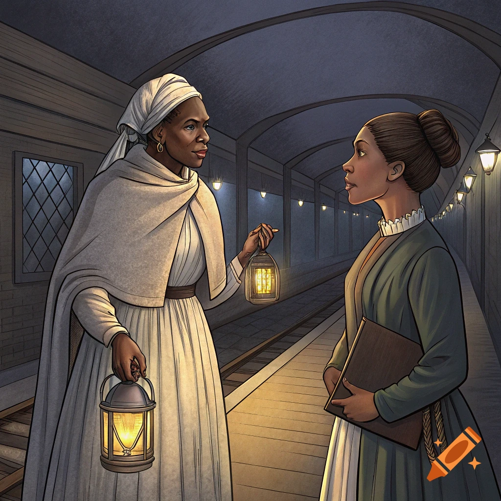 Illustration of two women in historical dress with lanterns standing in an underground tunnel.