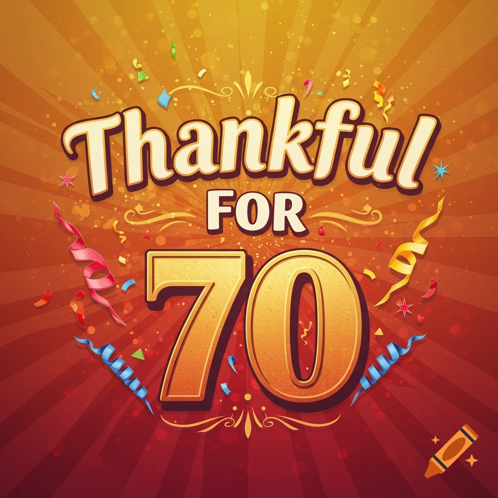Text 'Thankful For 70' surrounded by confetti and ribbons on a gold and red sunburst background, digital art style.